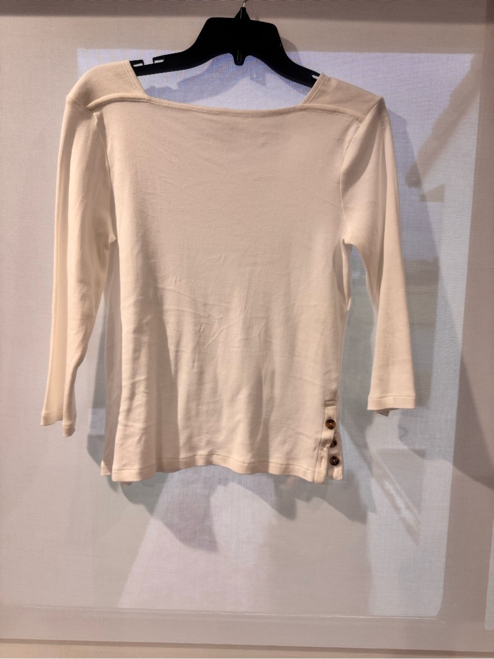 Women's White  Boatneck 3/4 Sleeve Top with Side Button Detail